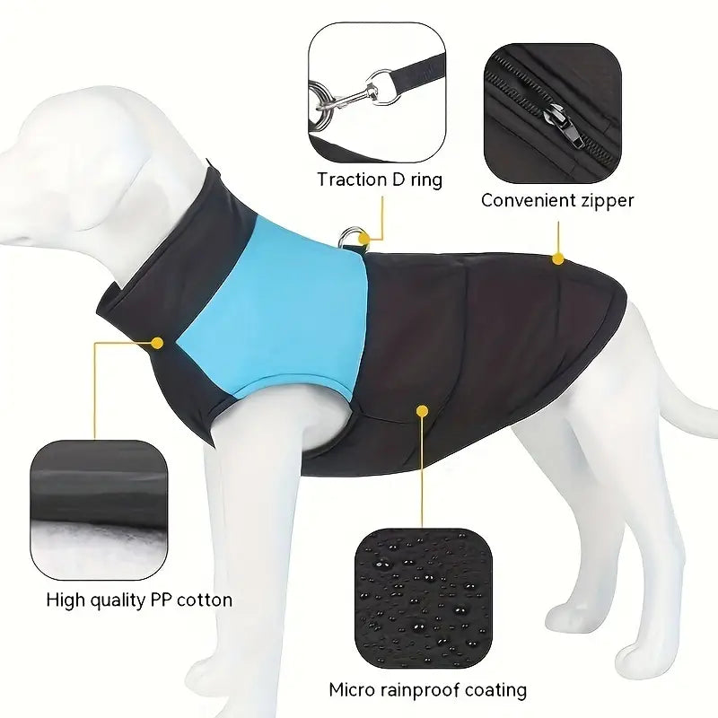 Black and Sky Blue Warm, Padded, Waterproof Dog Vest/Coat