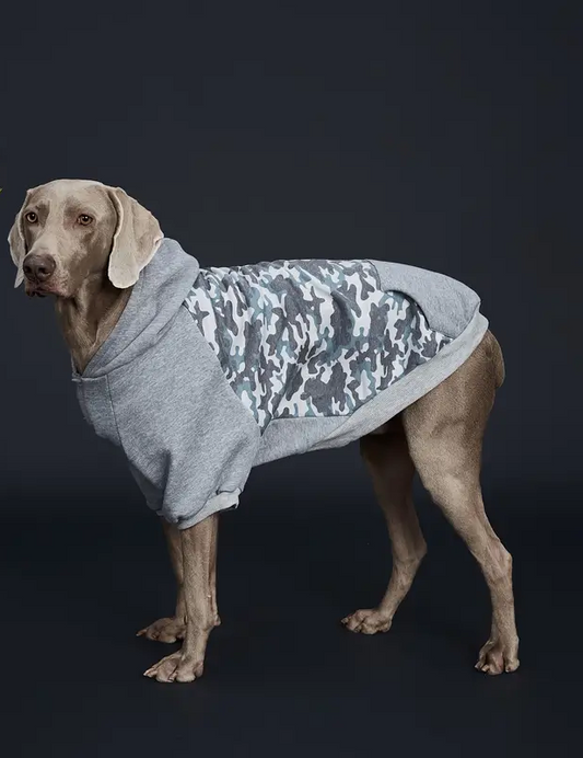 Gray Camo Dog Hoodie with hole for leash/collar access