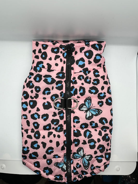 Pink/Lt. Blue Leopard & Butterfly Print Dog Vest/Coat, Waterproof & Windproof