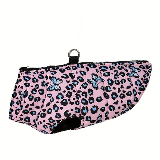 Pink/Lt. Blue Leopard & Butterfly Print Dog Vest/Coat, Waterproof & Windproof