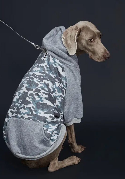 Gray Camo Dog Hoodie with hole for leash/collar access