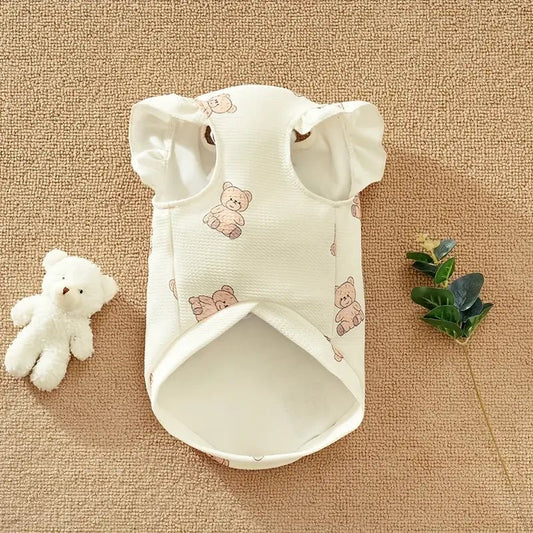 Cream Bear Textured Dog T Shirt w/ Ruffled Sleeves & Leash Ring - Spoiled Rotten Pup