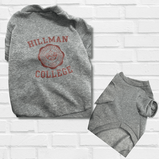 Hillman College Themed Burgundy Dog Hoodie, Gray Sweatshirt, or Gray T Shirt - Spoiled Rotten Pup