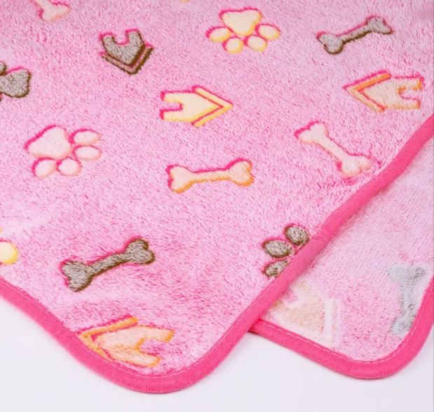 Soft Pink Dog Blanket with Paws, Bones, & Dog House Print - Spoiled Rotten Pup