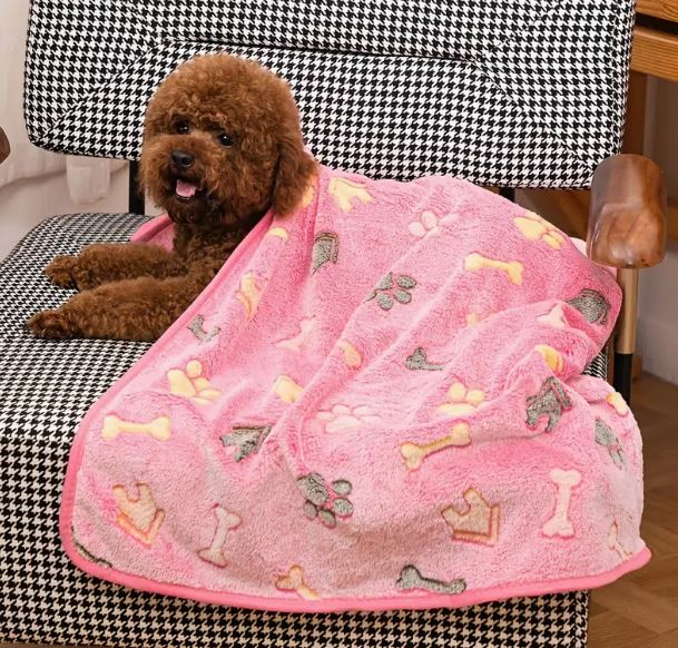 Soft Pink Dog Blanket with Paws, Bones, & Dog House Print - Spoiled Rotten Pup