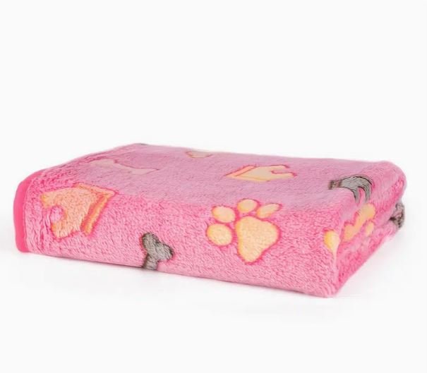 Soft Pink Dog Blanket with Paws, Bones, & Dog House Print - Spoiled Rotten Pup