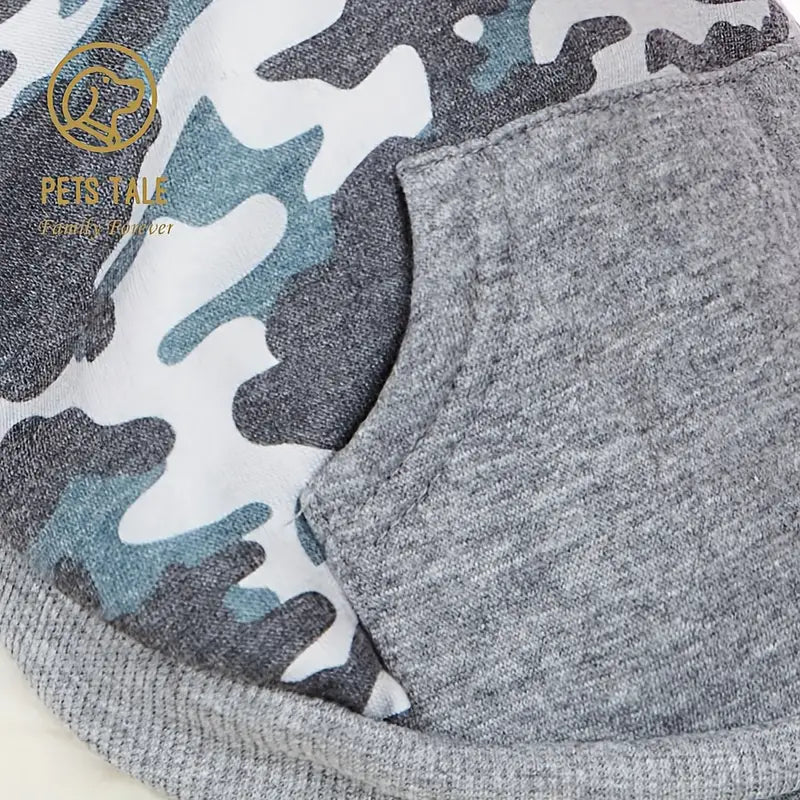 Gray Camo Dog Hoodie with hole for leash/collar access