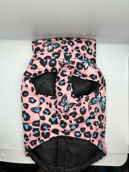 Pink/Lt. Blue Leopard & Butterfly Print Dog Vest/Coat, Waterproof & Windproof