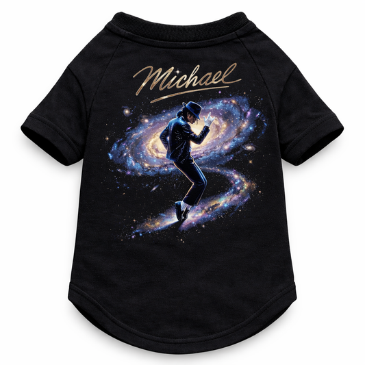Black t-shirt with a graphic of a Michael Jackson in space and 'Michael' text on a white background