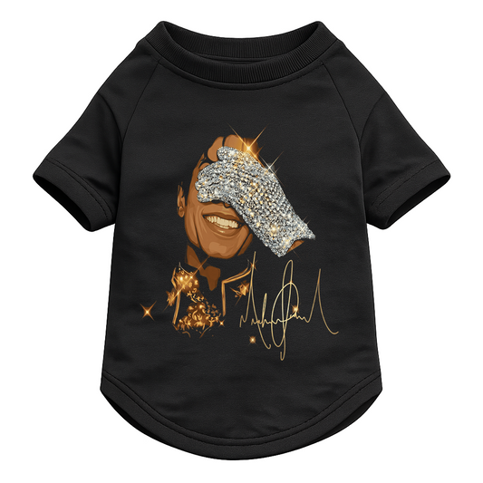 Black dog t-shirt with a graphic of Michael Jackson w/ hand covering  face, wearing a diamond glove.